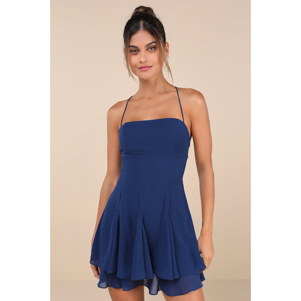 Lulus Perfected Sweetness Dark Blue Pleated Tiered Mini Dress - Size XS